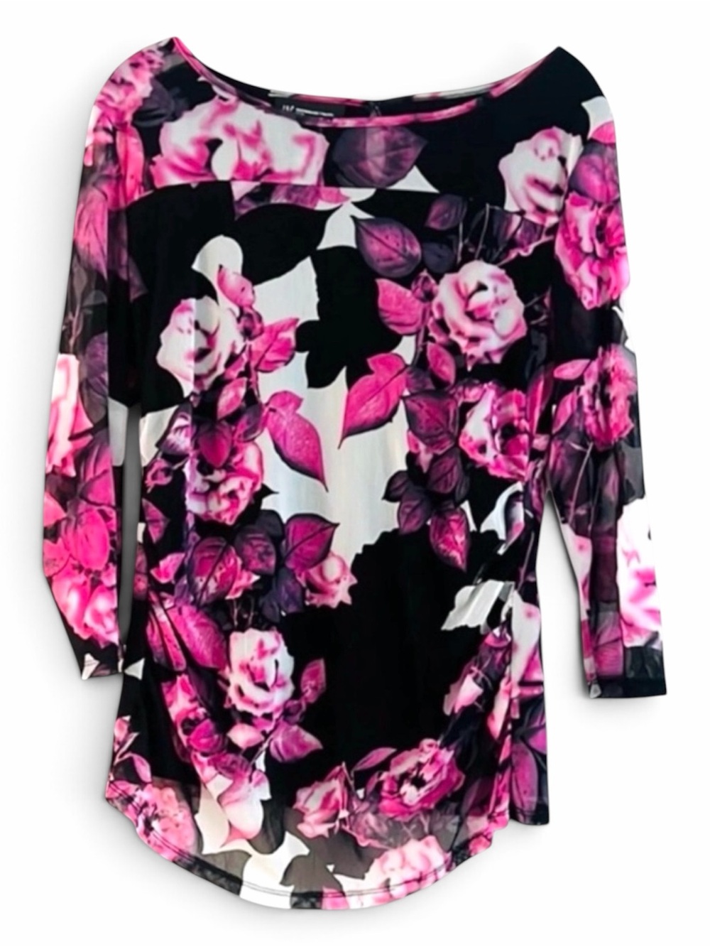 INC International Concepts Floral Mesh Sheer Ruched Top Pink Black PXL Y2K